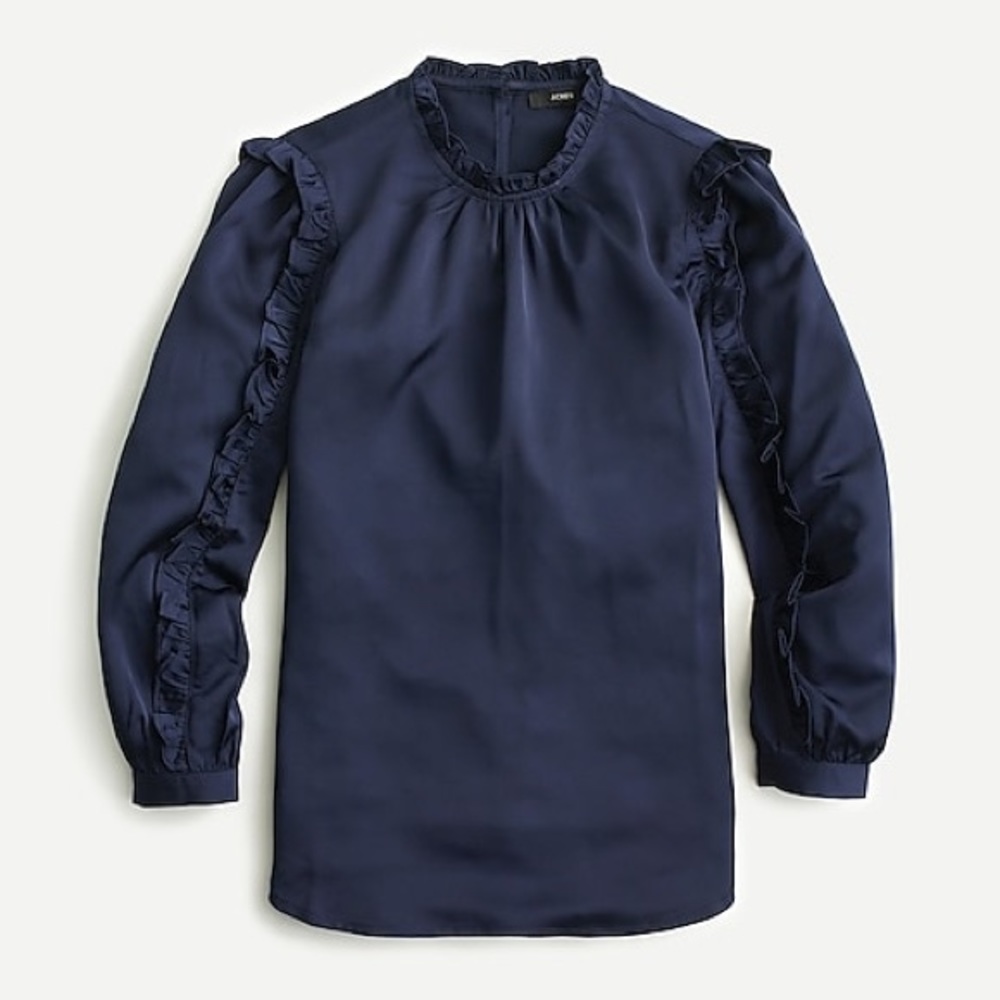 J Crew Ruffle-sleeve top in satin crepe-Navy